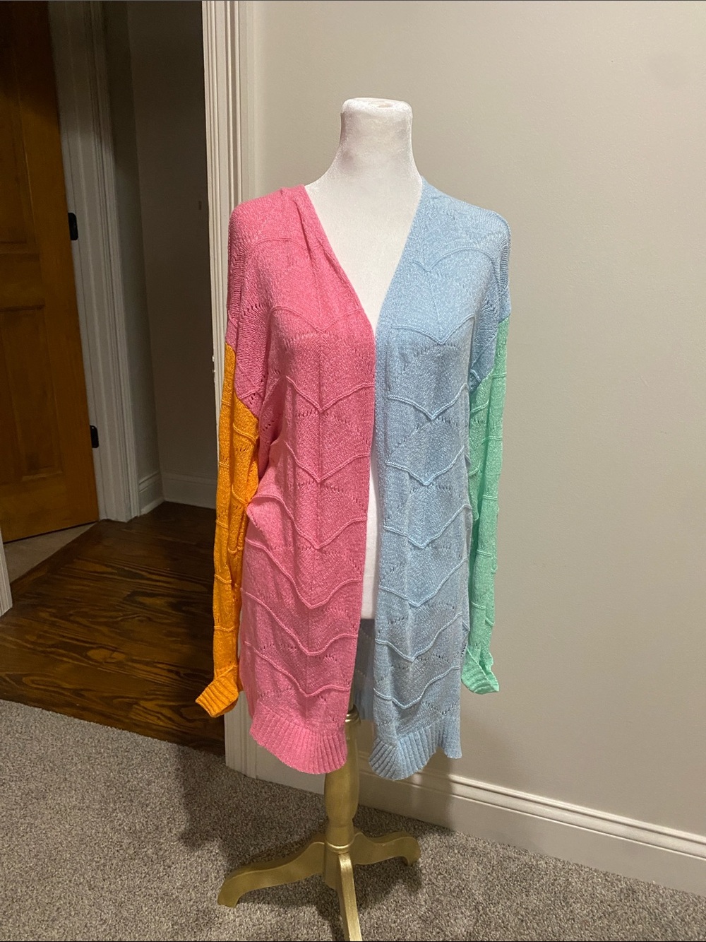 Mud Pie Pastel Colorblock Open Cardigan - Pink, Blue, Green, Orange